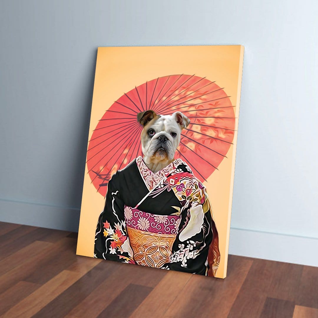 Personalized pet canvas featuring a bulldog in a black kimono with a red parasol, on a peach background.