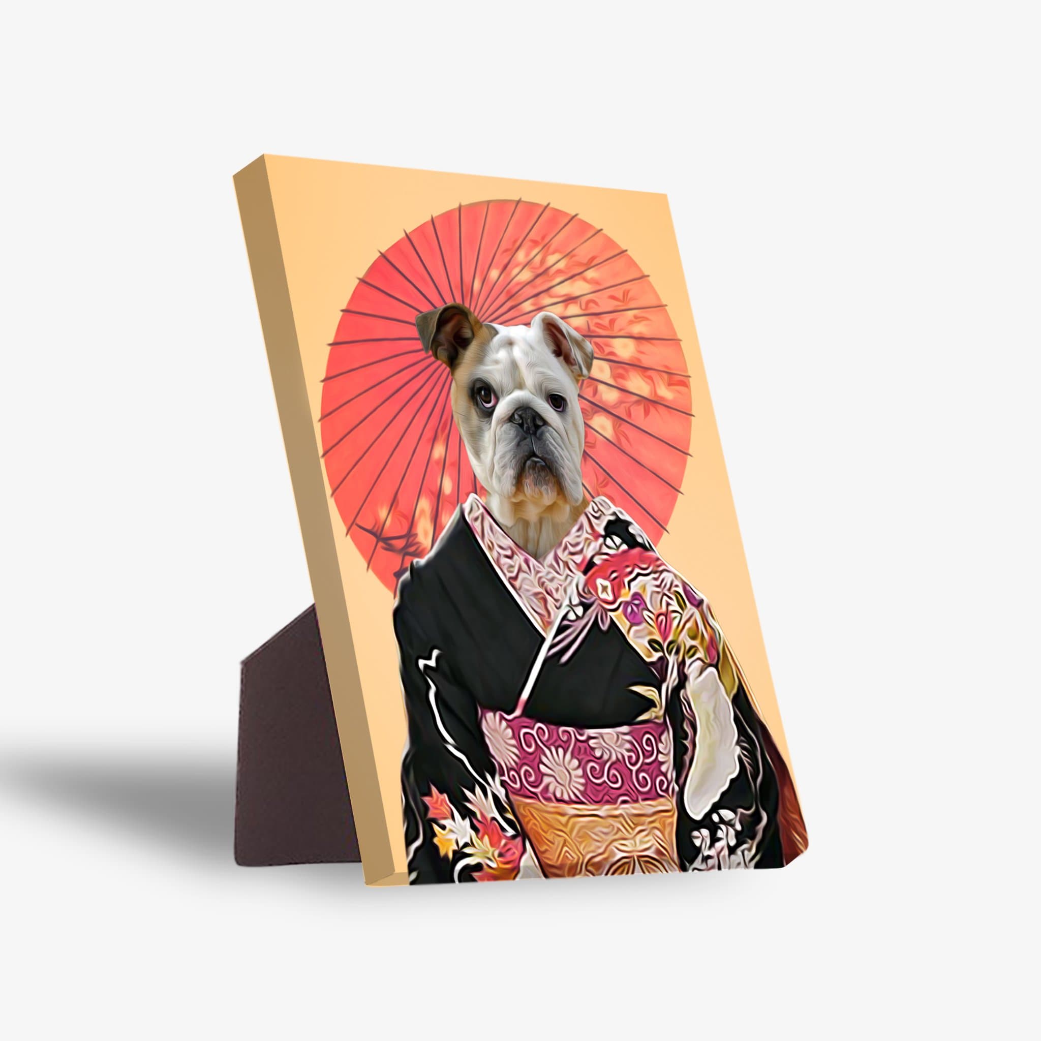 Personalized bulldog pet portrait on standing canvas, dressed in a black kimono with a red parasol.
