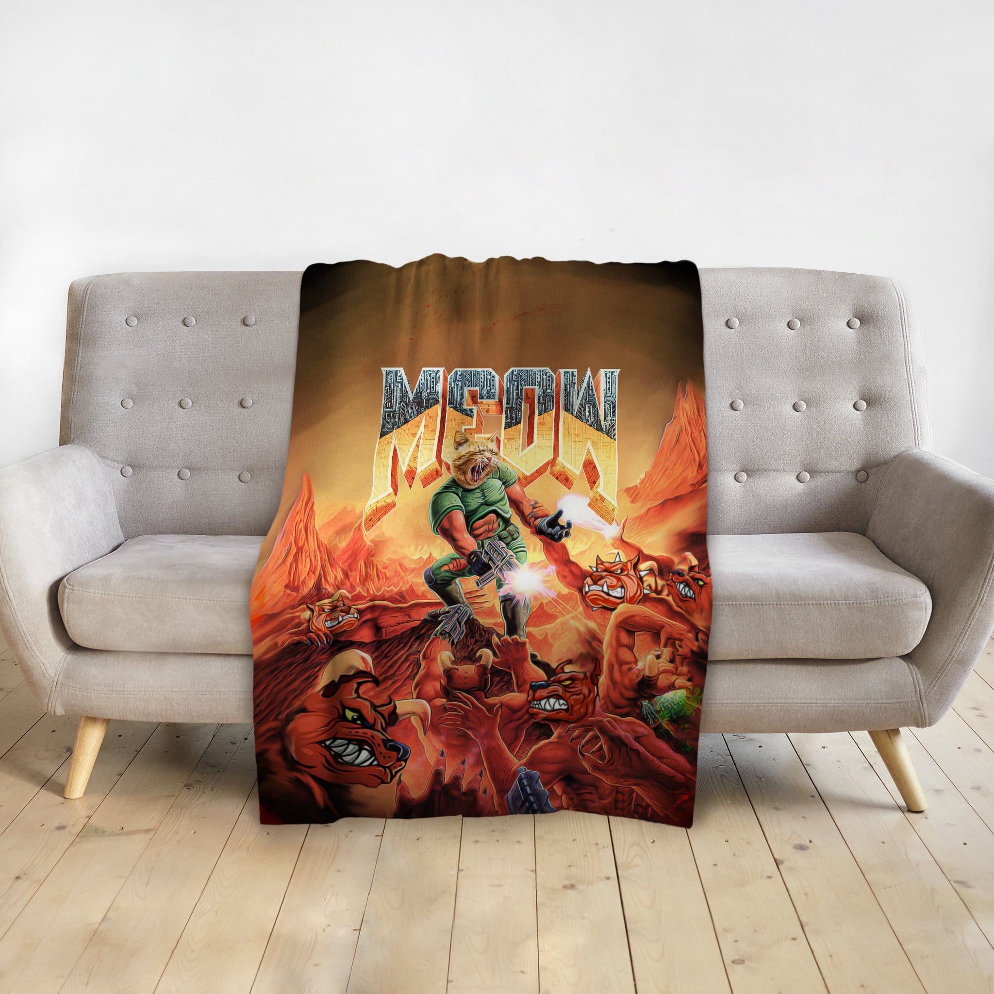 Personalized 'Meow' pet blanket featuring a custom Doggovinci-style cat portrait in a Doom-inspired scene.