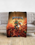Personalized 'Meow' pet blanket featuring a custom Doggovinci-style cat portrait in a Doom-inspired scene.