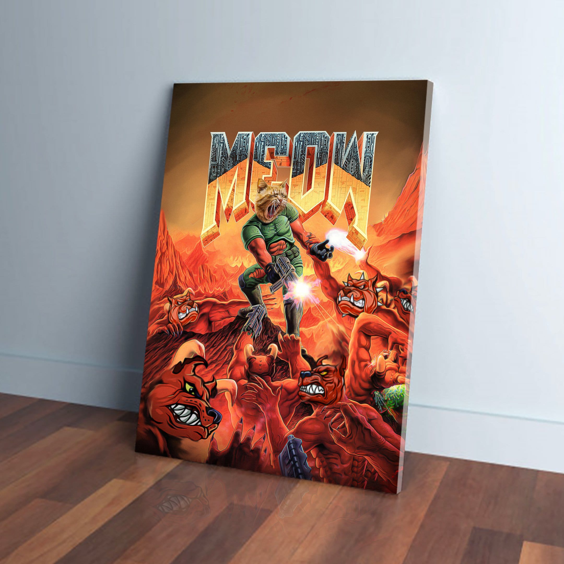 Custom 'Meow' pet canvas featuring a cat in a green shirt fighting red dog-like creatures in a fiery landscape.
