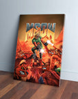 Custom 'Meow' pet canvas featuring a cat in a green shirt fighting red dog-like creatures in a fiery landscape.