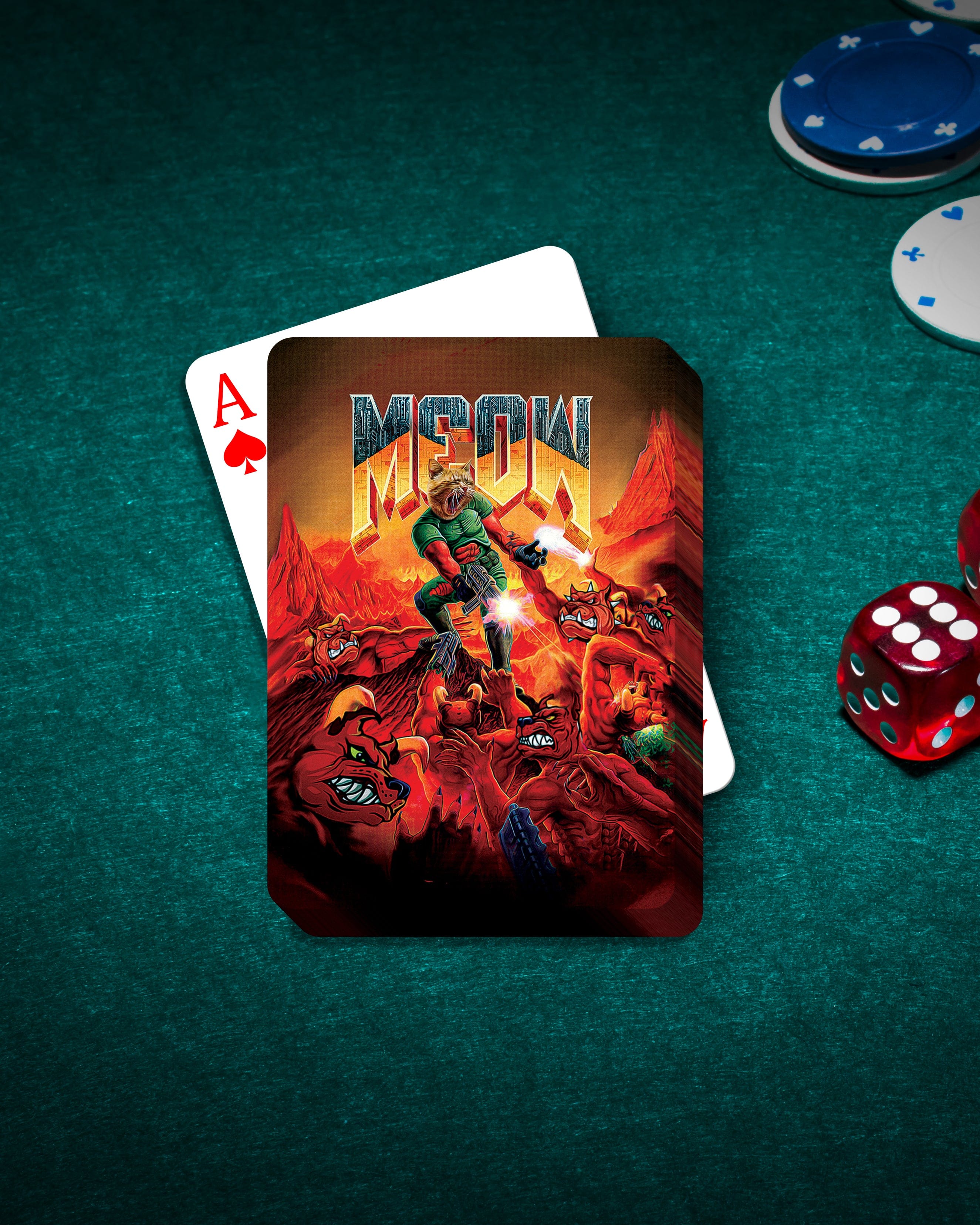 Custom 'Meow' personalized pet playing cards featuring a dog in a Doom-style cartoon portrait.