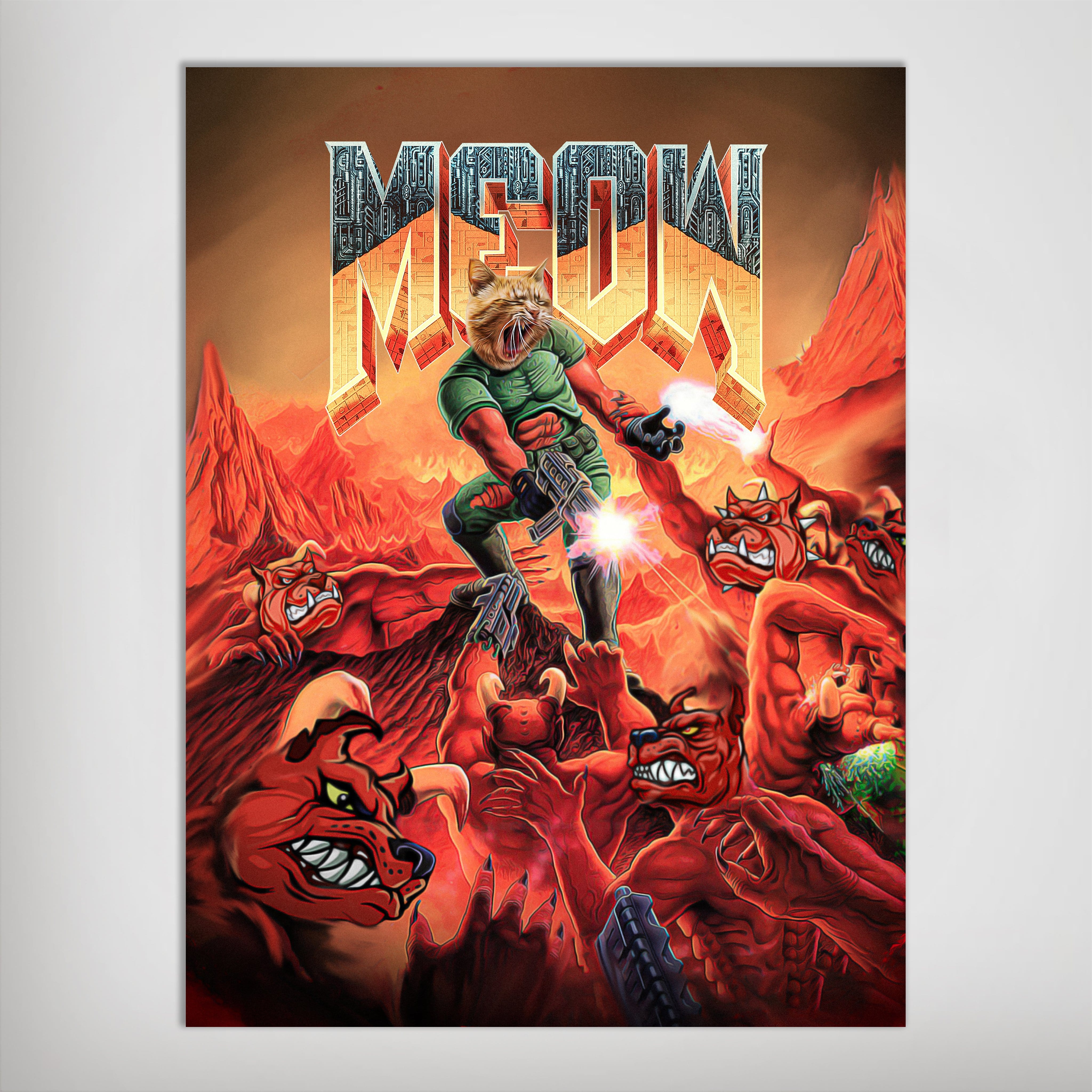 Personalized "Meow" pet poster featuring a cat in a green uniform fighting red demons.