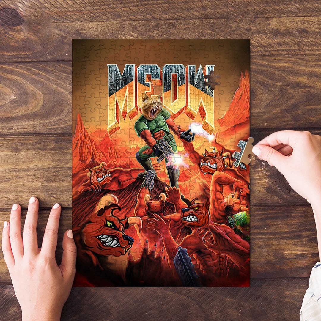 Personalized pet puzzle featuring a cat in a green suit fighting red monsters in a cartoon style.