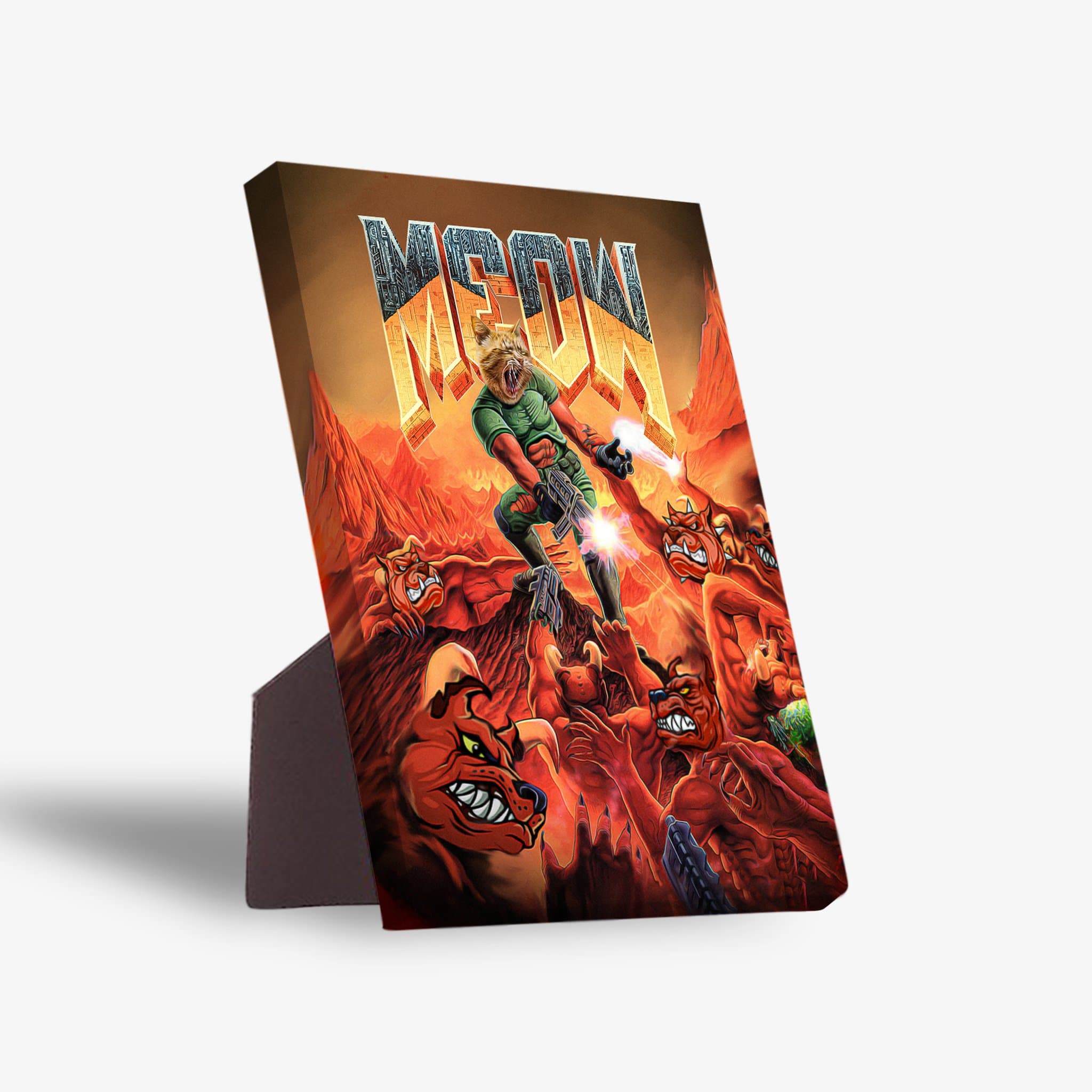 Personalized 'Meow' standing canvas featuring a pet in a Doom-style action scene with red monsters.