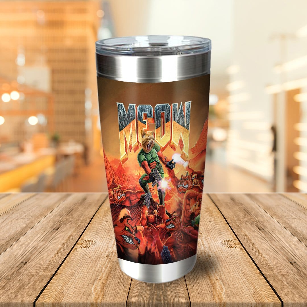 Personalized stainless steel tumbler with a custom pet portrait in a "Meow" Doom-style cartoon design.