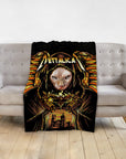 Personalized black blanket with a custom Sphynx cat portrait in a dark, winged, Metallica-style design.