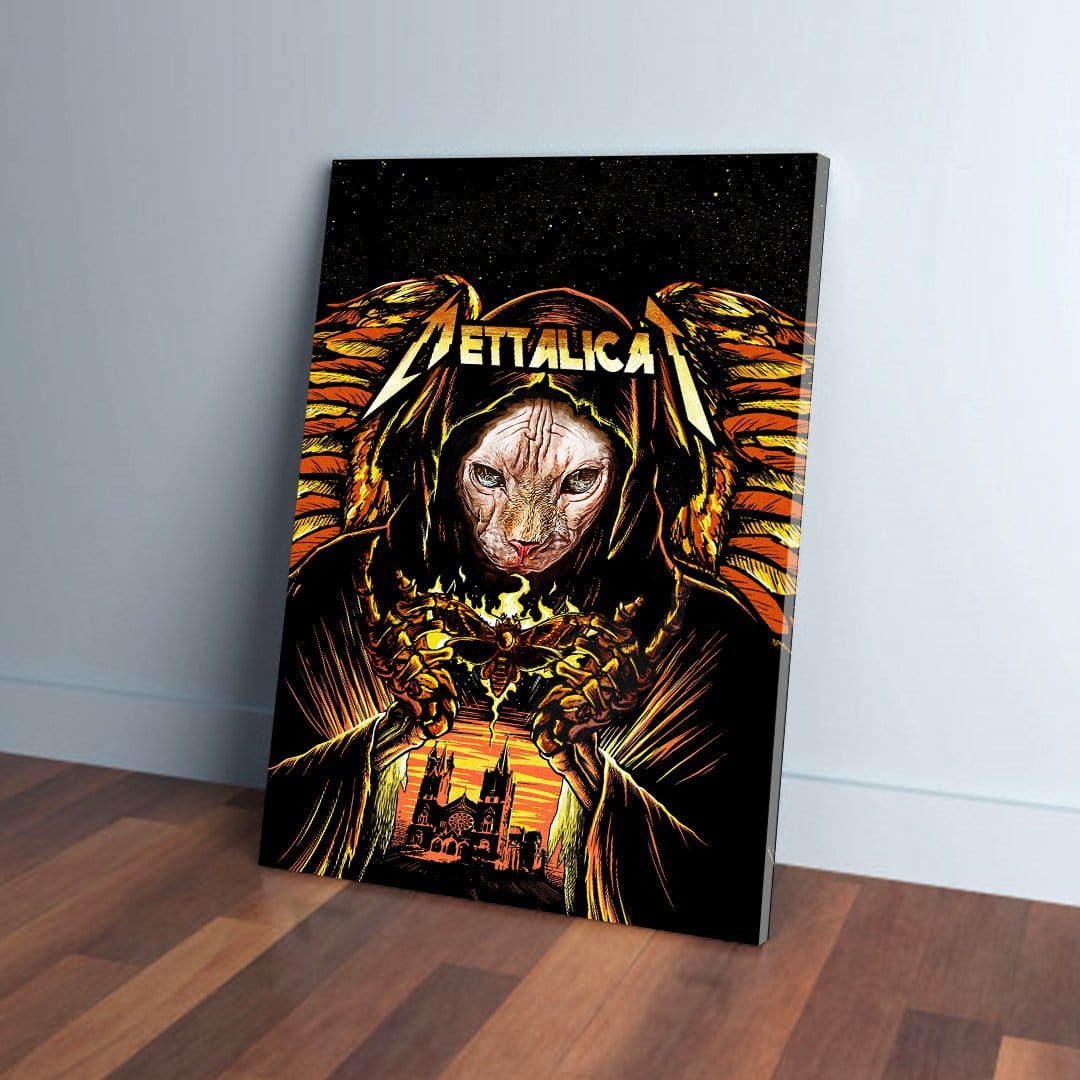 Mettalicat' personalized pet canvas featuring a Sphynx cat in a hooded robe with orange wings.