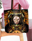 Personalized black Mettalicat tote bag with a Sphinx cat portrait in a hooded robe.
