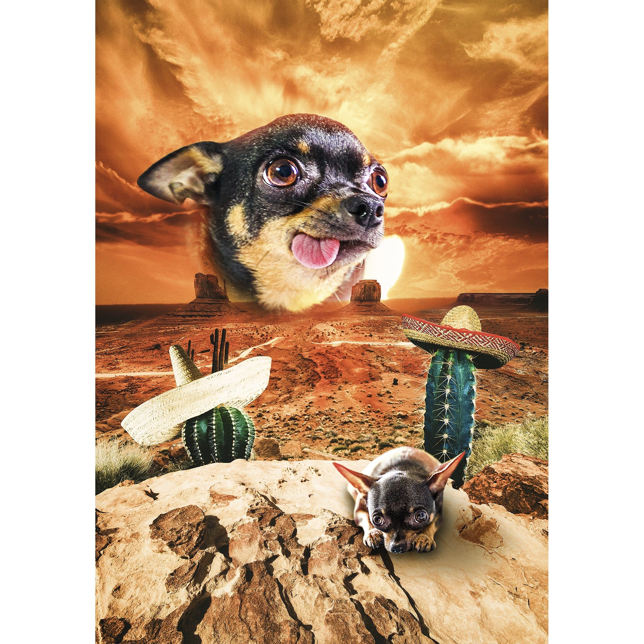 Custom digital portrait of a Chihuahua in a Mexican desert landscape with sombreros and cacti.