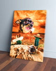 Custom pet canvas: Chihuahua head levitating over a desert sunset with saguaro cacti in sombreros.