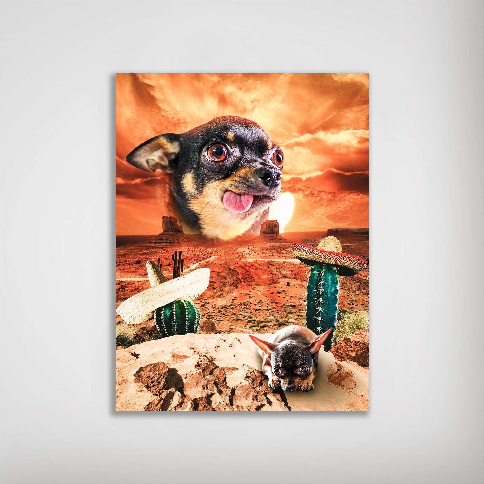 Personalized 'Mexican Desert' pet poster featuring a chihuahua head, desert landscape, cacti, and sombreros.