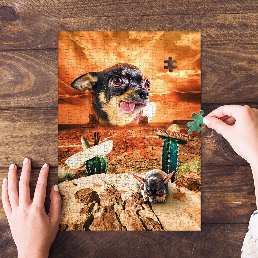 Personalized pet puzzle with a Chihuahua in a Mexican desert scene, hands assembling pieces.