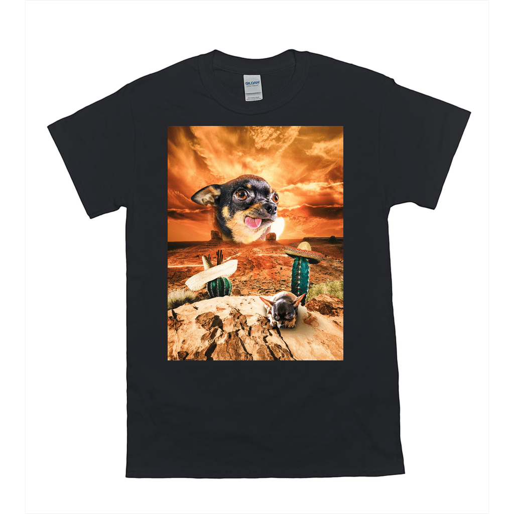 Black Gildan t-shirt with a personalized "Mexican Desert" design featuring a chihuahua, cacti, and a sunset.