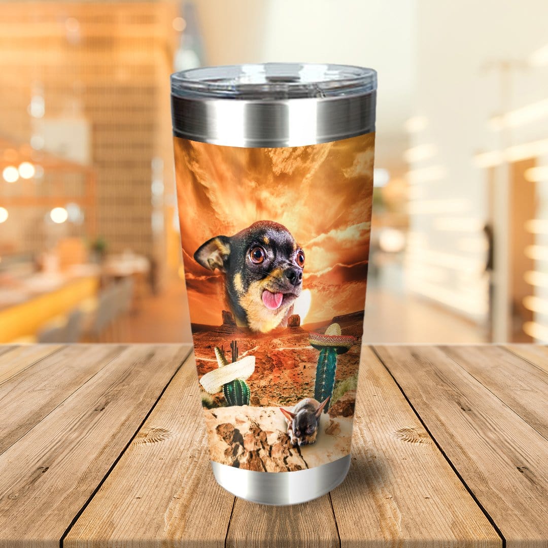 Personalized stainless steel tumbler with a custom chihuahua pet portrait in a Mexican desert sunset scene.
