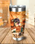 Personalized stainless steel tumbler with a custom chihuahua pet portrait in a Mexican desert sunset scene.