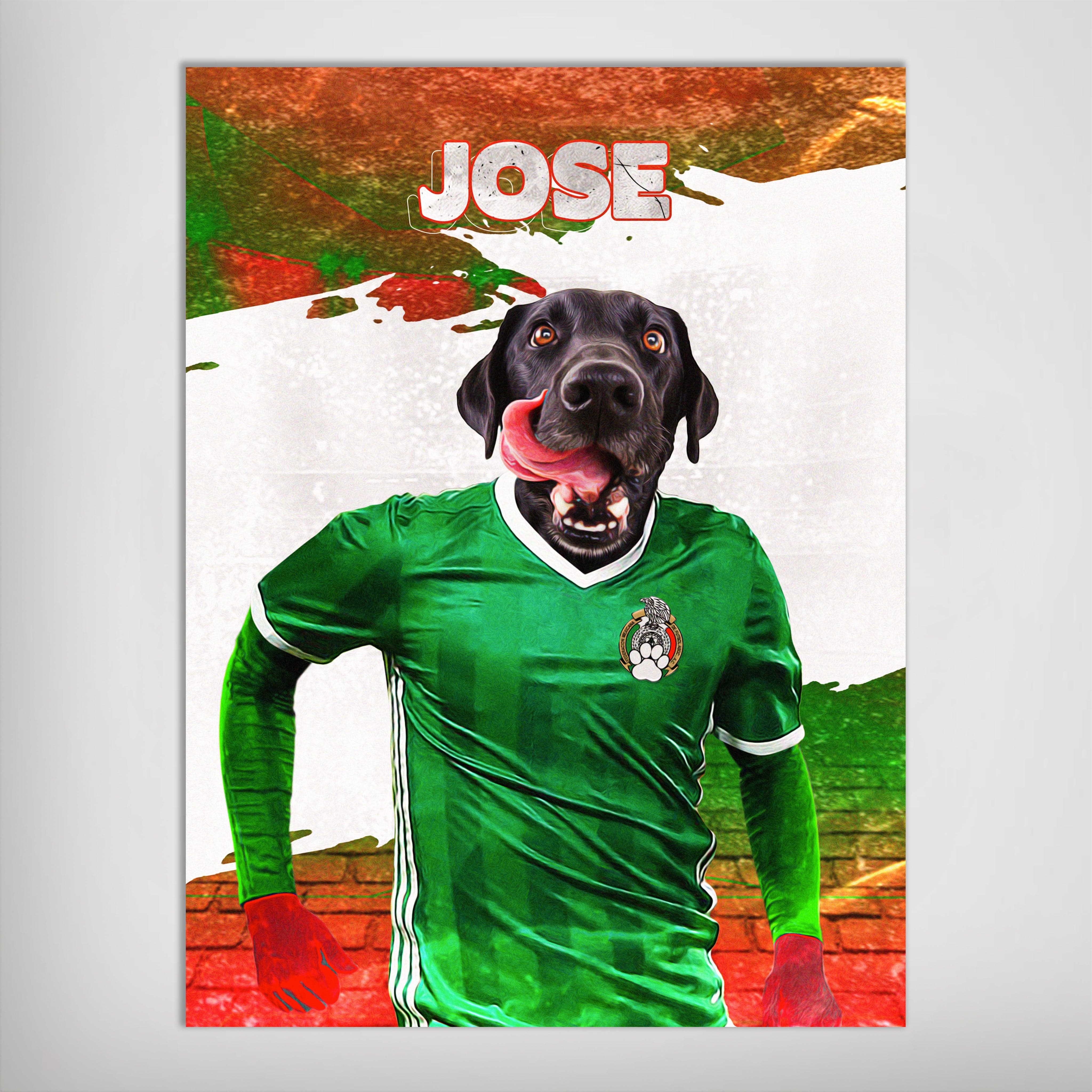 Personalized 'Mexico Doggos Soccer' poster featuring a black lab in a green jersey with "JOSE" above.