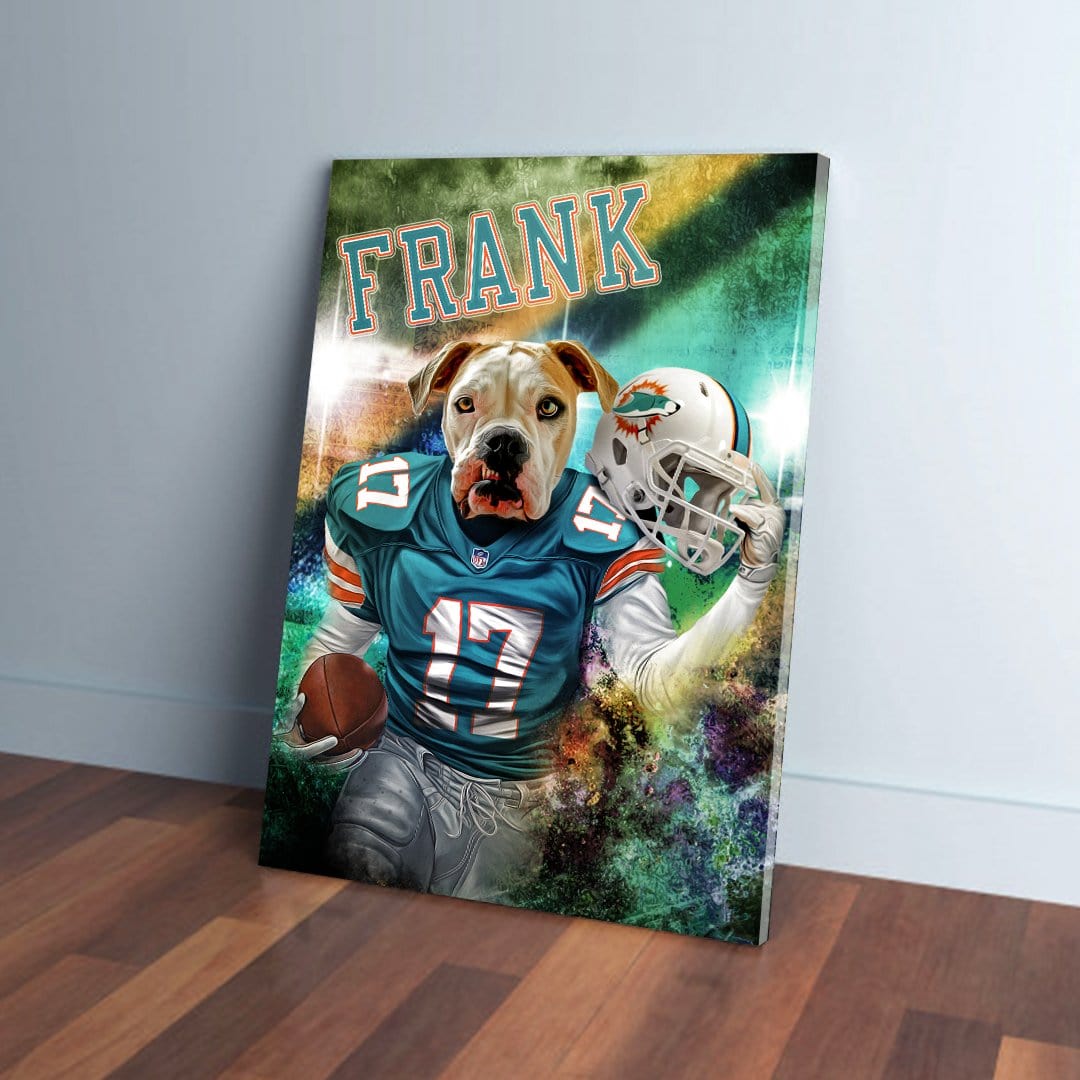 Personalized 'Miami Doggos' pet canvas featuring a dog in a teal football jersey, holding a helmet and ball.