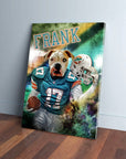 Personalized 'Miami Doggos' pet canvas featuring a dog in a teal football jersey, holding a helmet and ball.