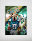 Personalized Miami Doggos pet poster featuring a bulldog in a teal football uniform, holding a helmet and ball.