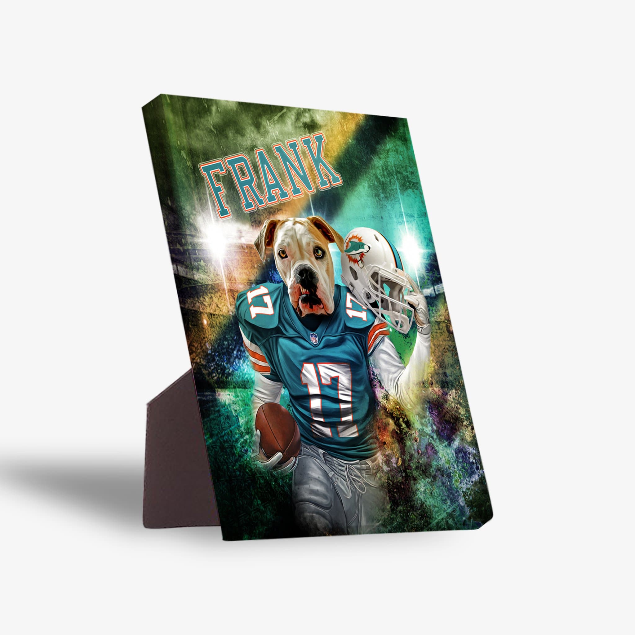 Personalized pet standing canvas featuring a dog in a teal football uniform, holding a helmet and ball, with "FRANK" above.