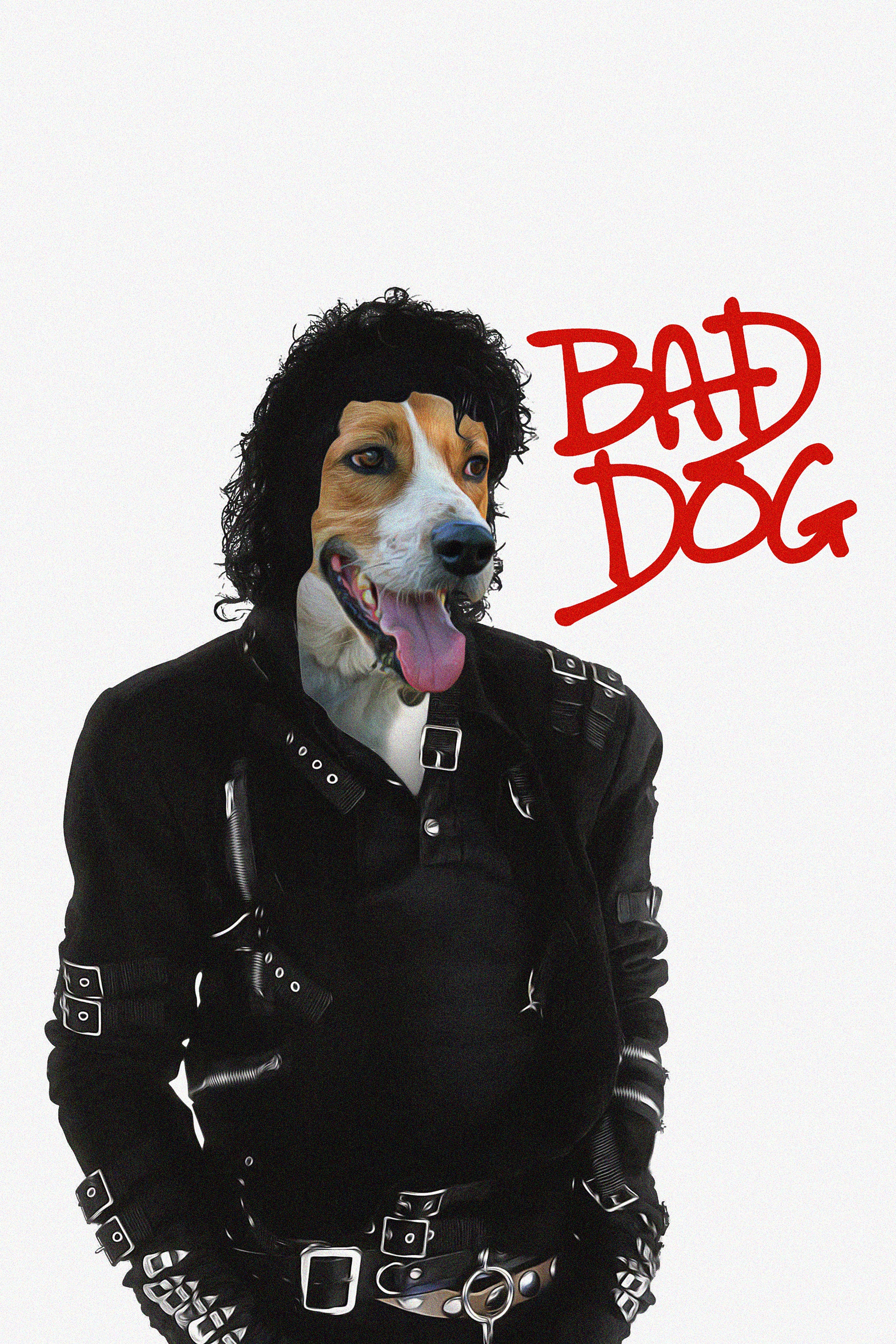 Custom digital portrait of a dog's head on a Michael Jackson-style body with "BAD DOG" text.