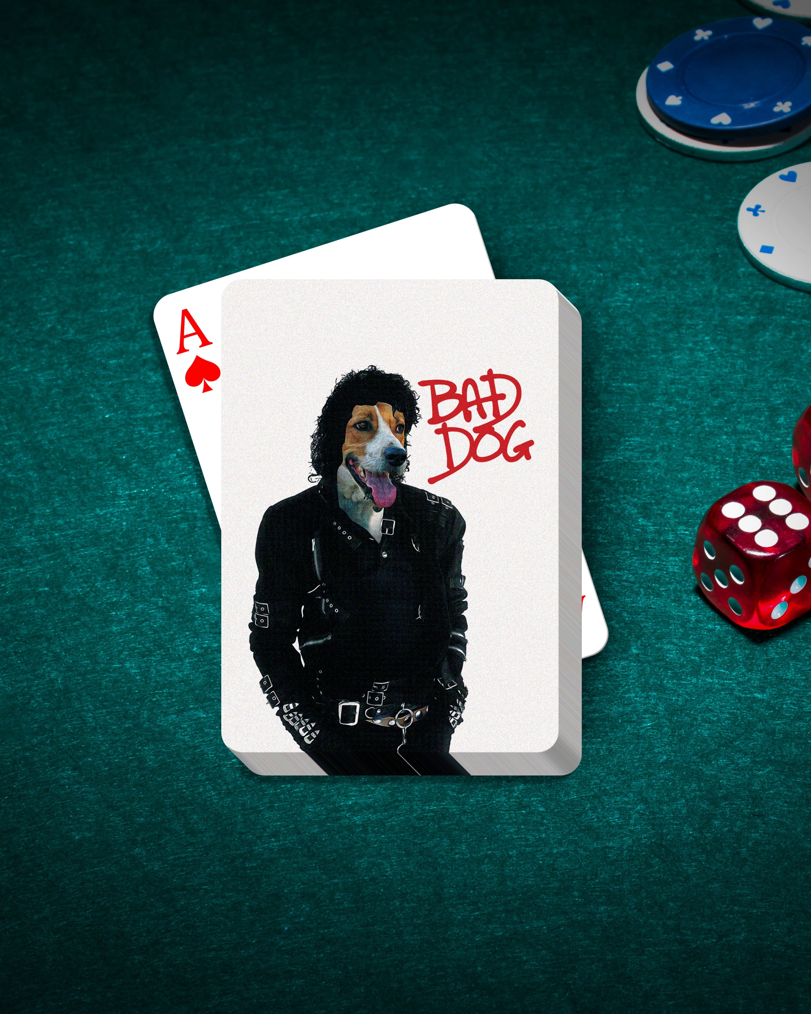Personalized playing cards featuring a dog's head on a "Michael Wooferson" style portrait, on a green felt table.