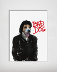 Personalized "Michael Wooferson" pet poster featuring a dog's head on a black leather jacket body, with "BAD DOG" in red.