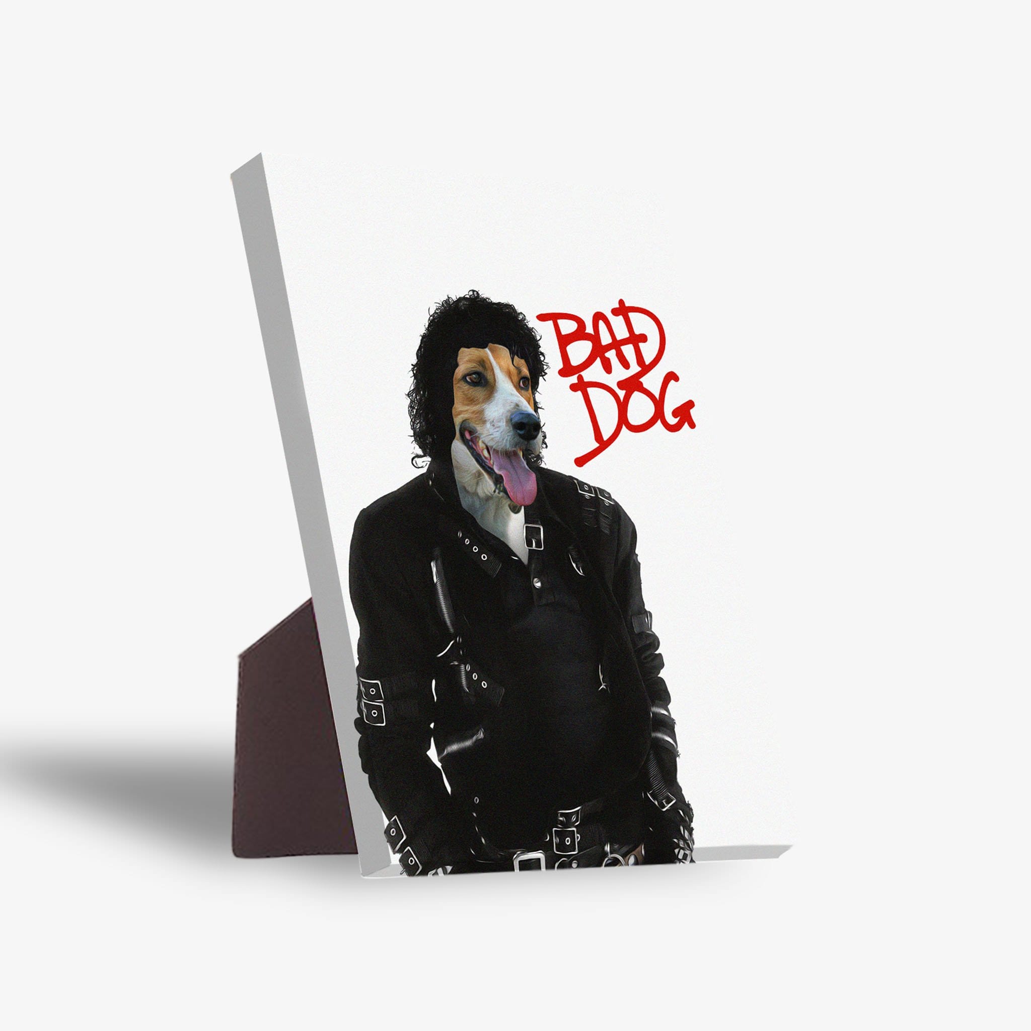 Personalized pet standing canvas featuring a dog's head on a "Michael Wooferson" body in a black leather jacket, with "BAD DOG" in red text.