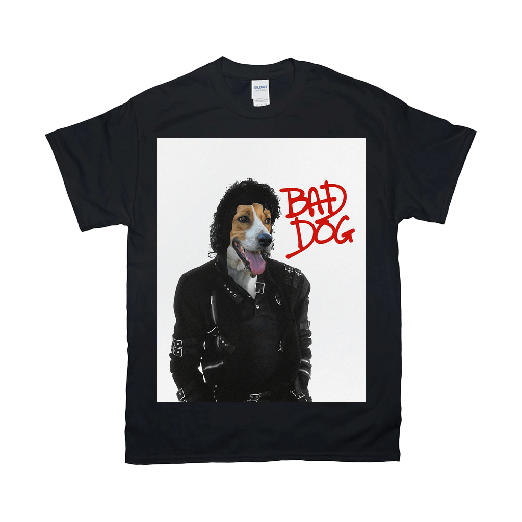 Black Gildan t-shirt with a personalized design of a dog's head on a Michael Jackson-style body, "BAD DOG" in red.