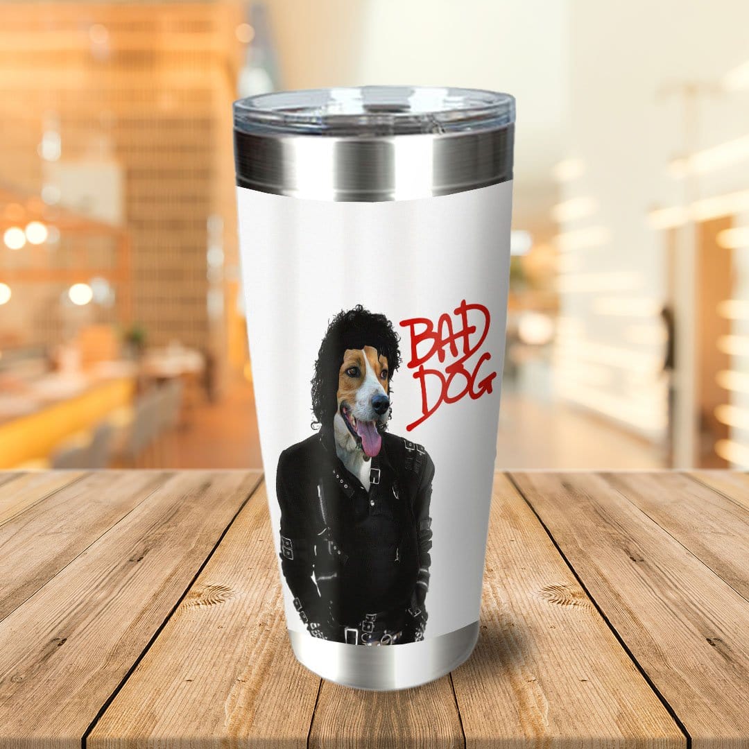 Personalized white stainless steel tumbler with a custom dog portrait in a "Bad Dog" Michael Jackson style.