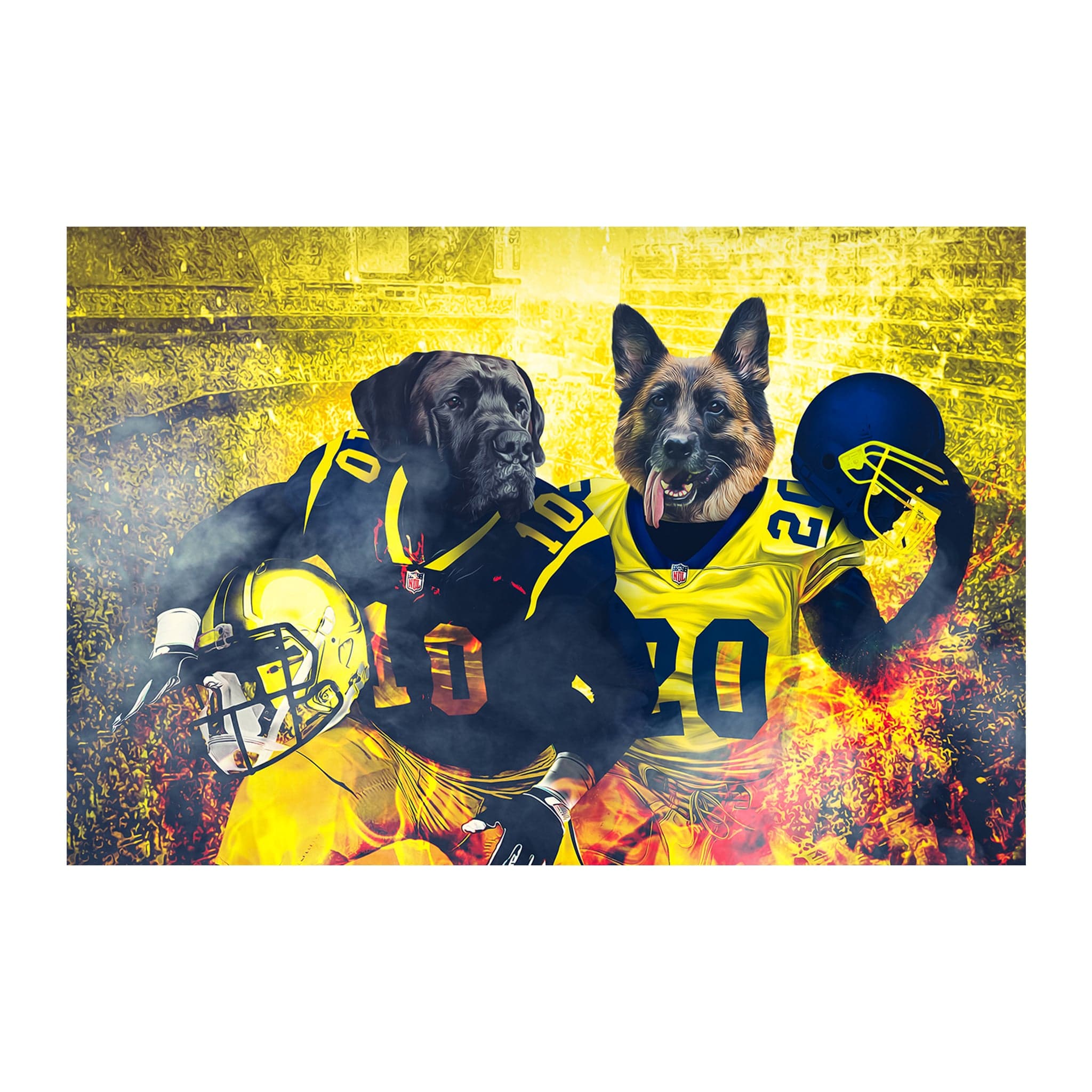 Custom digital portrait of two dogs in yellow and black football jerseys with helmets, against a fiery background.
