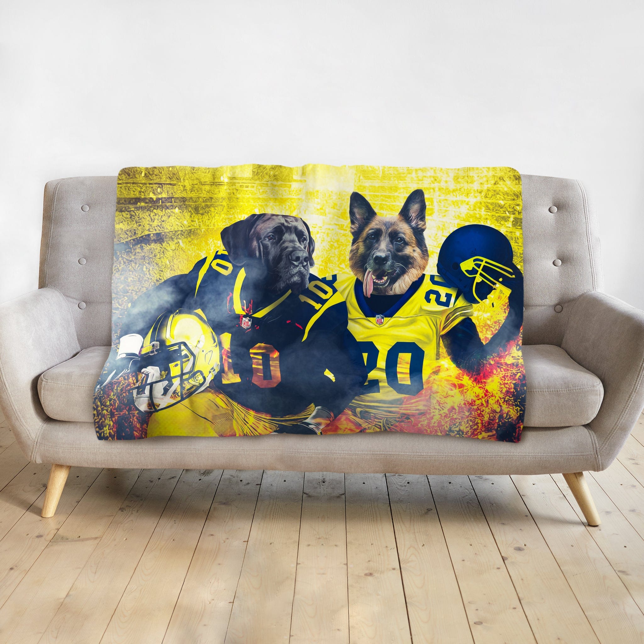 Personalized custom pet blanket featuring two dogs in football uniforms with a yellow grunge background.