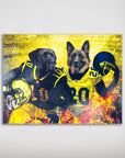 Personalized 'Michigan Doggos' poster featuring two pets as football players in yellow and black jerseys.