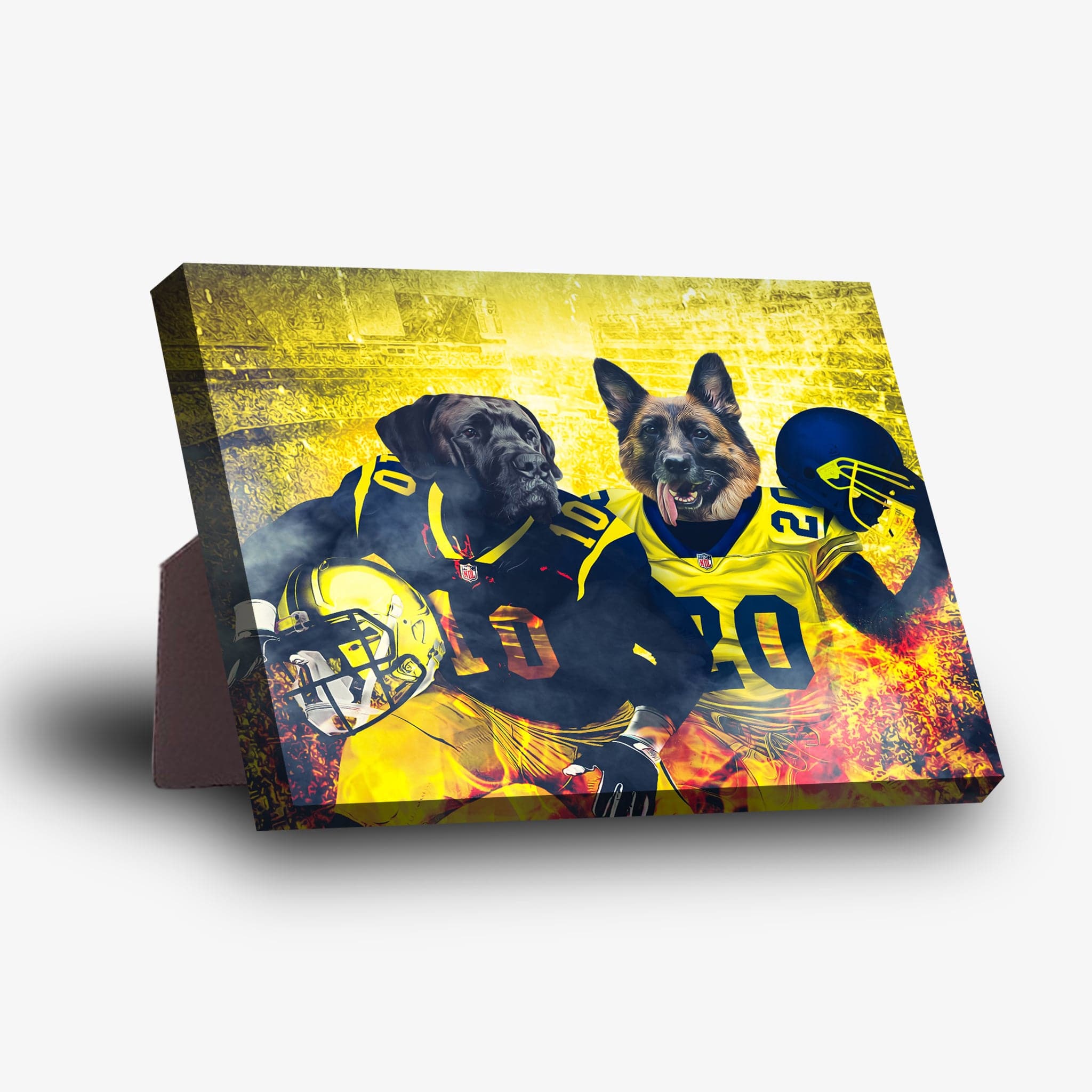 Personalized standing canvas featuring two dogs in Michigan football jerseys against a yellow, fiery background.