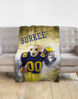 Personalized pet blanket with a Doggovinci portrait of a dog in a Michigan football uniform.