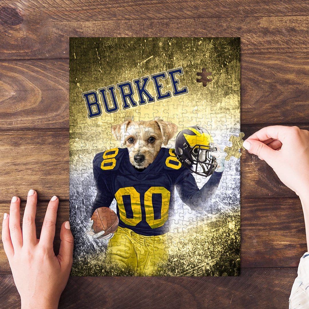 Personalized Michigan Doggos pet puzzle featuring a dog in a blue and yellow football uniform.