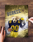 Personalized Michigan Doggos pet puzzle featuring a dog in a blue and yellow football uniform.
