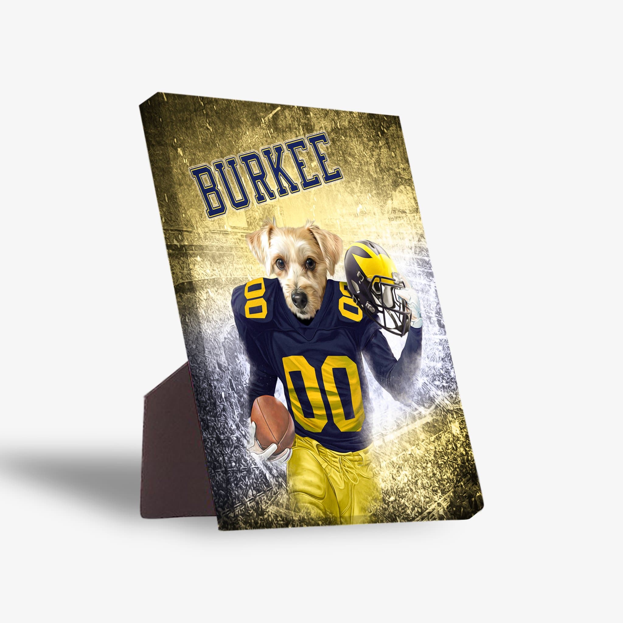 Personalized Michigan Doggos pet standing canvas featuring a dog in a navy and yellow football uniform with a helmet and football.