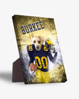 Personalized Michigan Doggos pet standing canvas featuring a dog in a navy and yellow football uniform with a helmet and football.