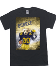 Black Gildan t-shirt with a personalized graphic of a dog in a blue and yellow football uniform.