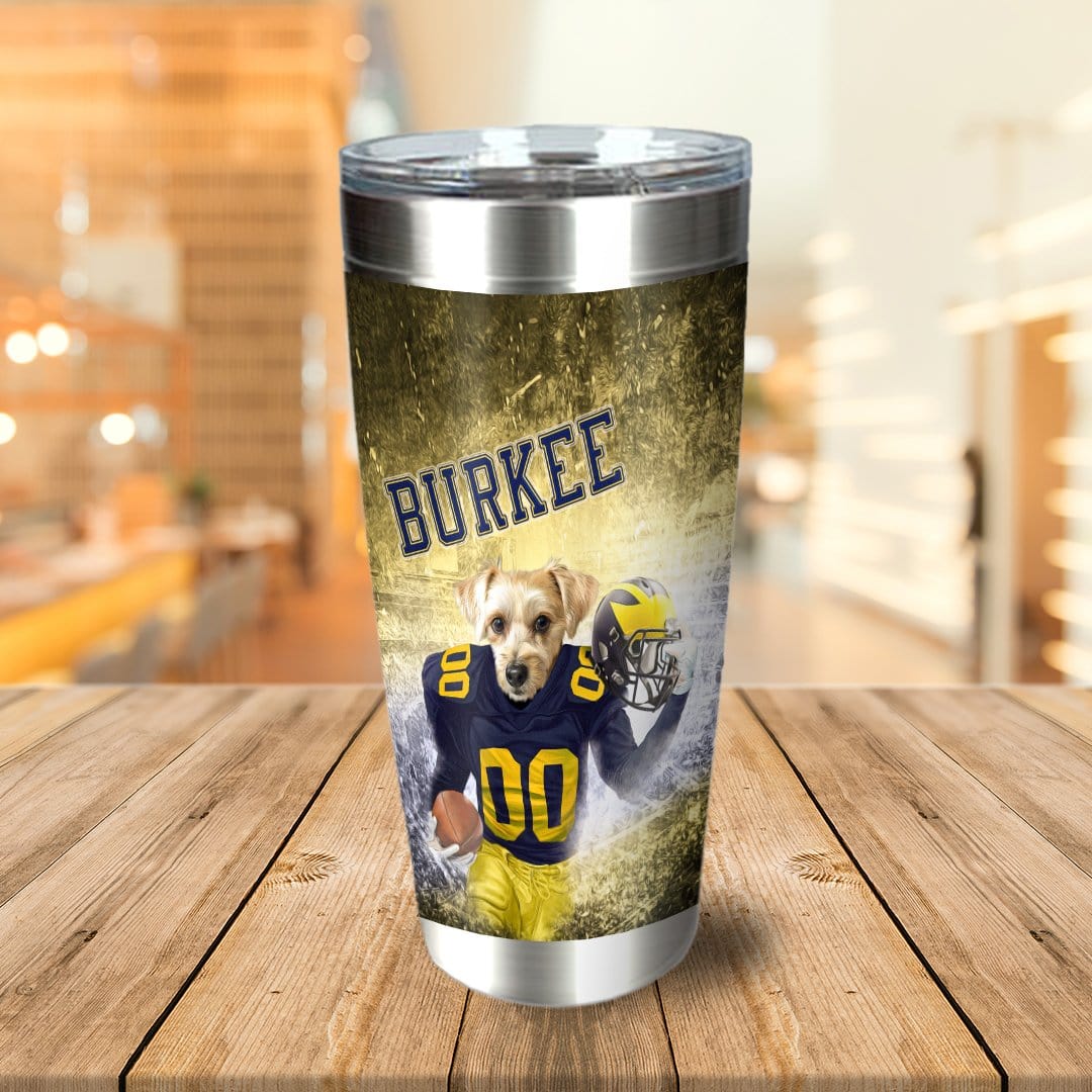 Personalized stainless steel tumbler with a custom dog portrait in a Michigan football uniform.