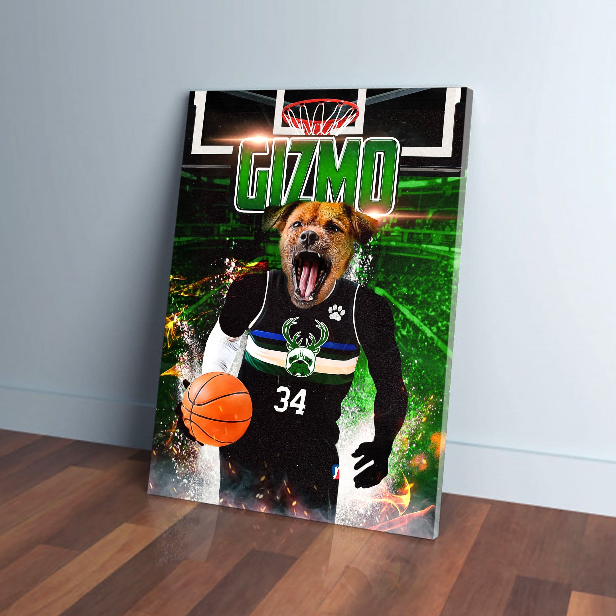 Personalized pet canvas featuring a dog in a black Milwaukee Bucks basketball uniform with "GIZMO" above.