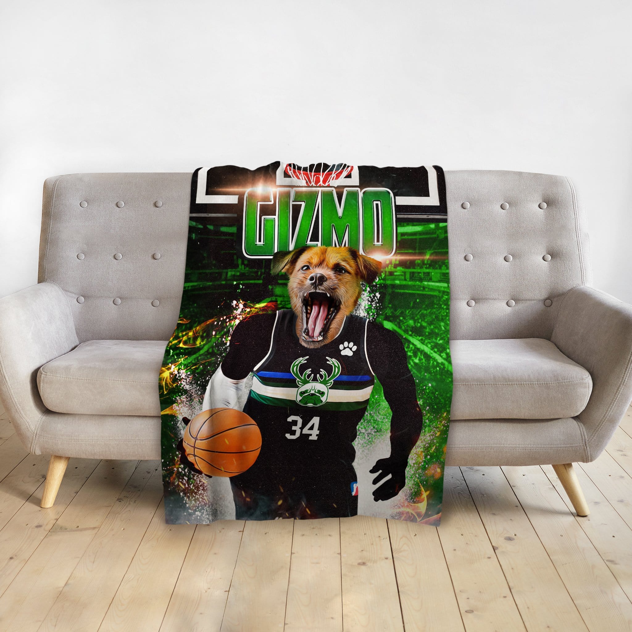 Personalized pet blanket featuring a dog in a Milwaukee Bucks basketball uniform.