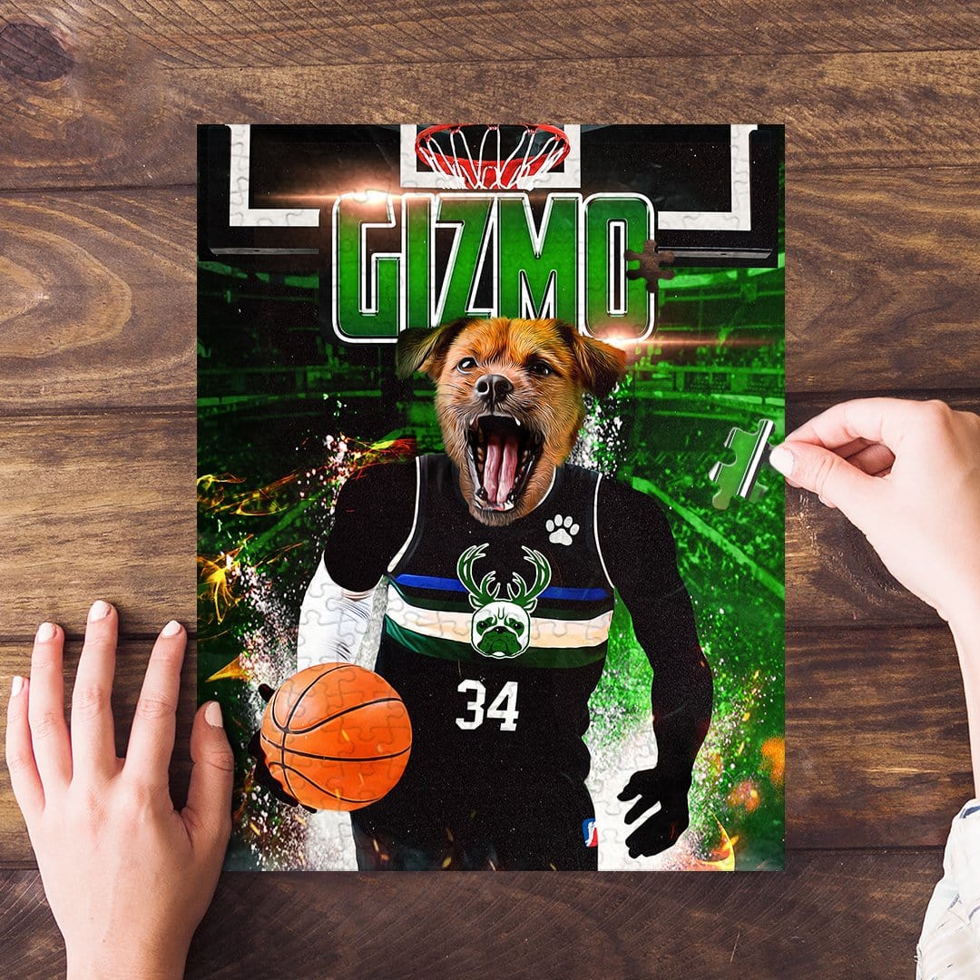 Personalized pet puzzle featuring a dog in a Milwaukee Bucks basketball uniform, with "Gizmo" and a basketball.