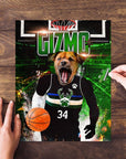 Personalized pet puzzle featuring a dog in a Milwaukee Bucks basketball uniform, with "Gizmo" and a basketball.