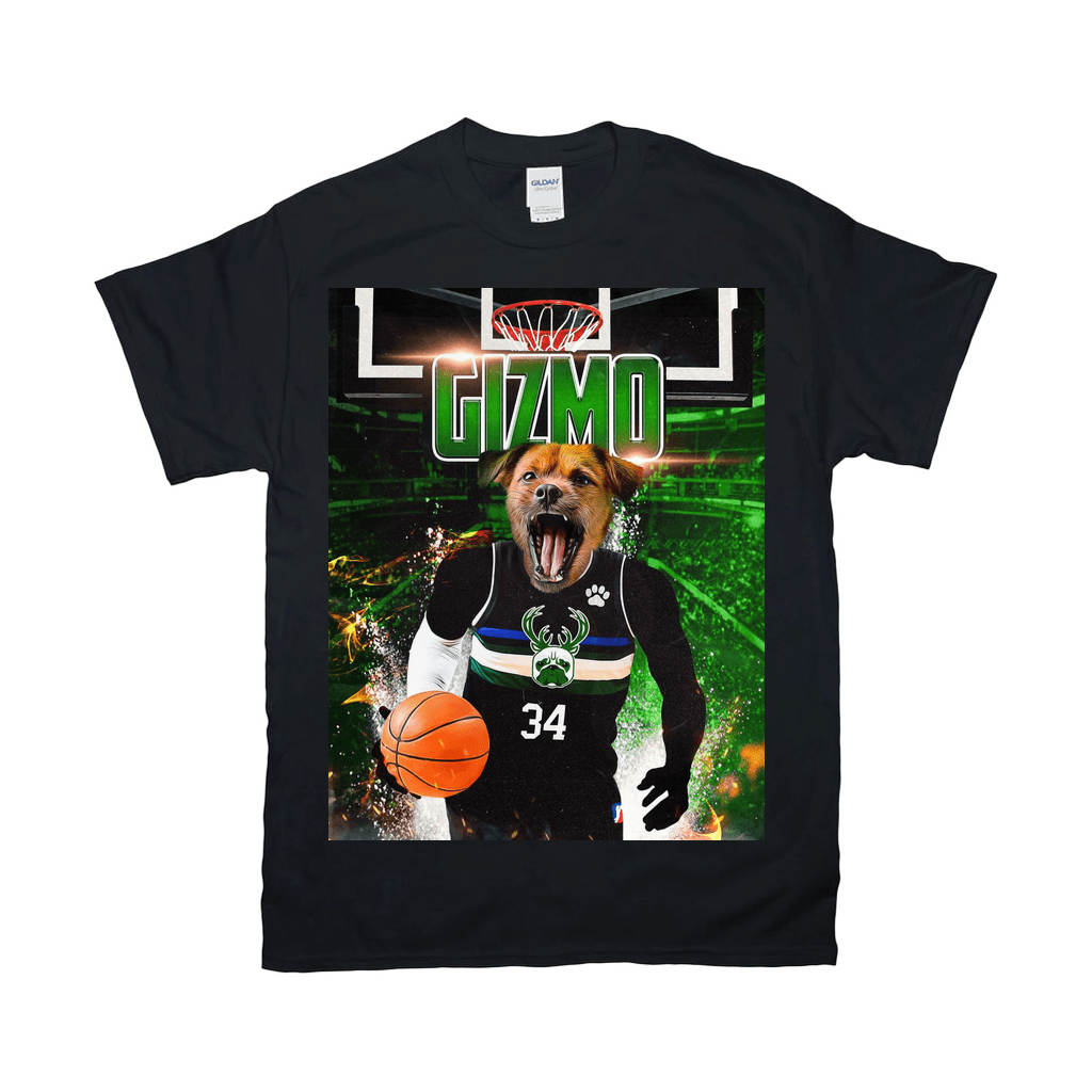 Black Gildan t-shirt with a personalized design of a dog in a Milwaukee Bucks jersey dribbling a basketball.