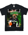 Black Gildan t-shirt with a personalized design of a dog in a Milwaukee Bucks jersey dribbling a basketball.