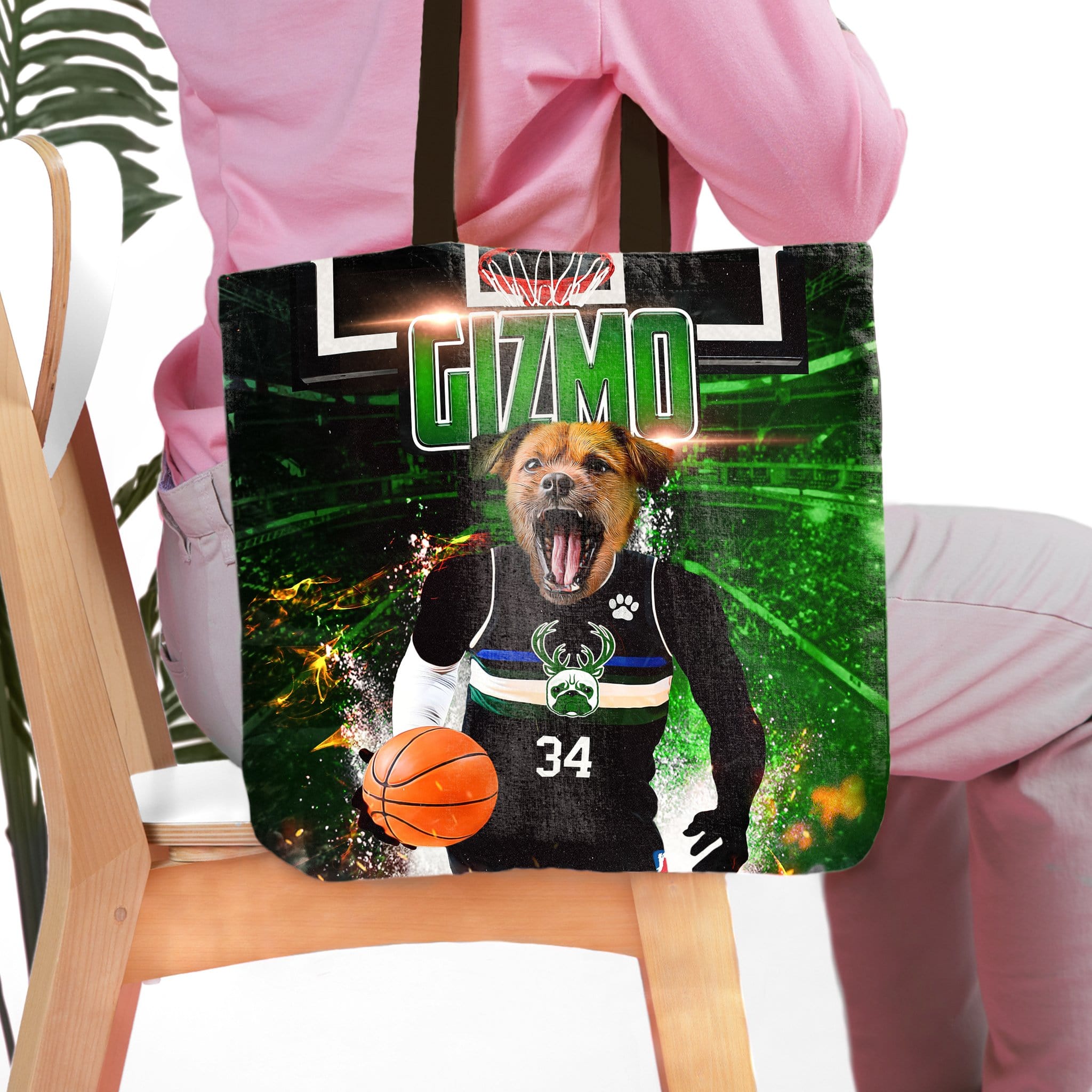 Personalized Milwaukee Pugs tote bag with a custom pet portrait of a dog in a basketball uniform.